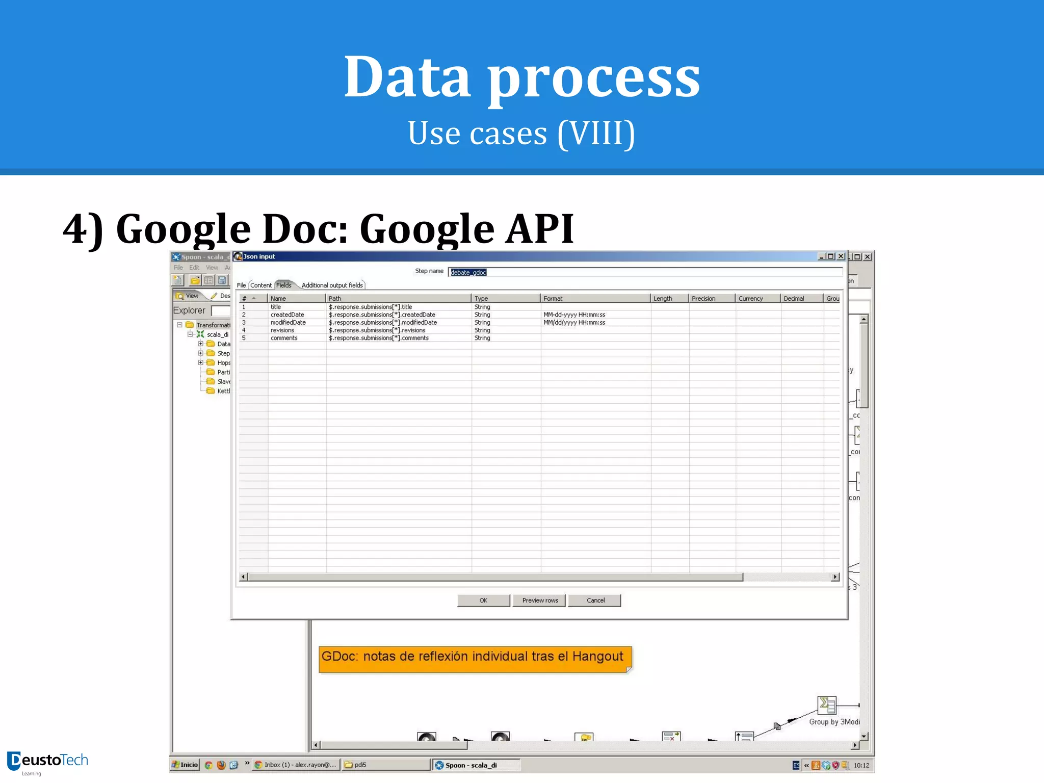 Data process
Use cases (VIII)
4) Google Doc: Google API
 