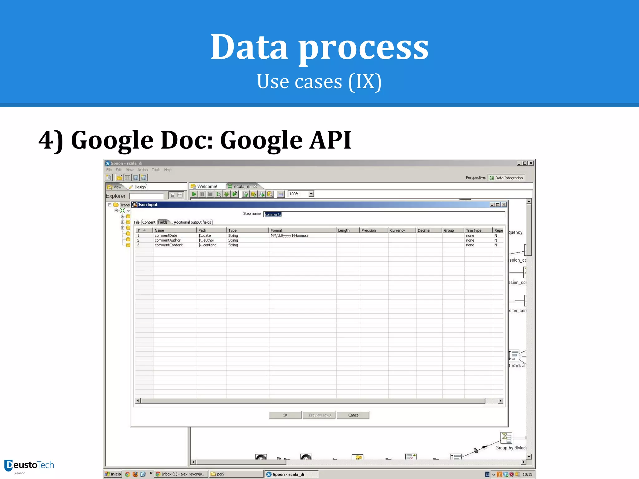 Data process
Use cases (IX)
4) Google Doc: Google API
 