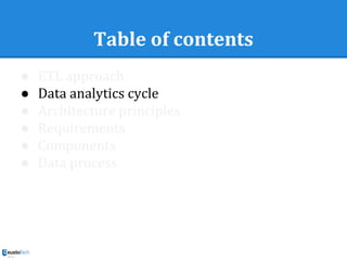 Table of contents
● ETL approach
● Data analytics cycle
● Architecture principles
● Requirements
● Components
● Data process
 