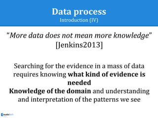 Data process
Introduction (IV)
“More data does not mean more knowledge”
[Jenkins2013]
Searching for the evidence in a mass of data
requires knowing what kind of evidence is
needed
Knowledge of the domain and understanding
and interpretation of the patterns we see
 