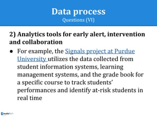 Data process
Questions (VI)
2) Analytics tools for early alert, intervention
and collaboration
● For example, the Signals project at Purdue
University utilizes the data collected from
student information systems, learning
management systems, and the grade book for
a specific course to track students’
performances and identify at-risk students in
real time
 