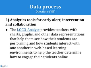 Data process
Questions (VII)
2) Analytics tools for early alert, intervention
and collaboration
● The LOCO-Analyst provides teachers with
charts, graphs, and other data representations
that help them see how their students are
performing and how students interact with
one another in web-based learning
environments to help the teacher determine
how to engage their students online
 