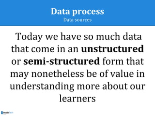 Data process
Data sources
Today we have so much data
that come in an unstructured
or semi-structured form that
may nonetheless be of value in
understanding more about our
learners
 