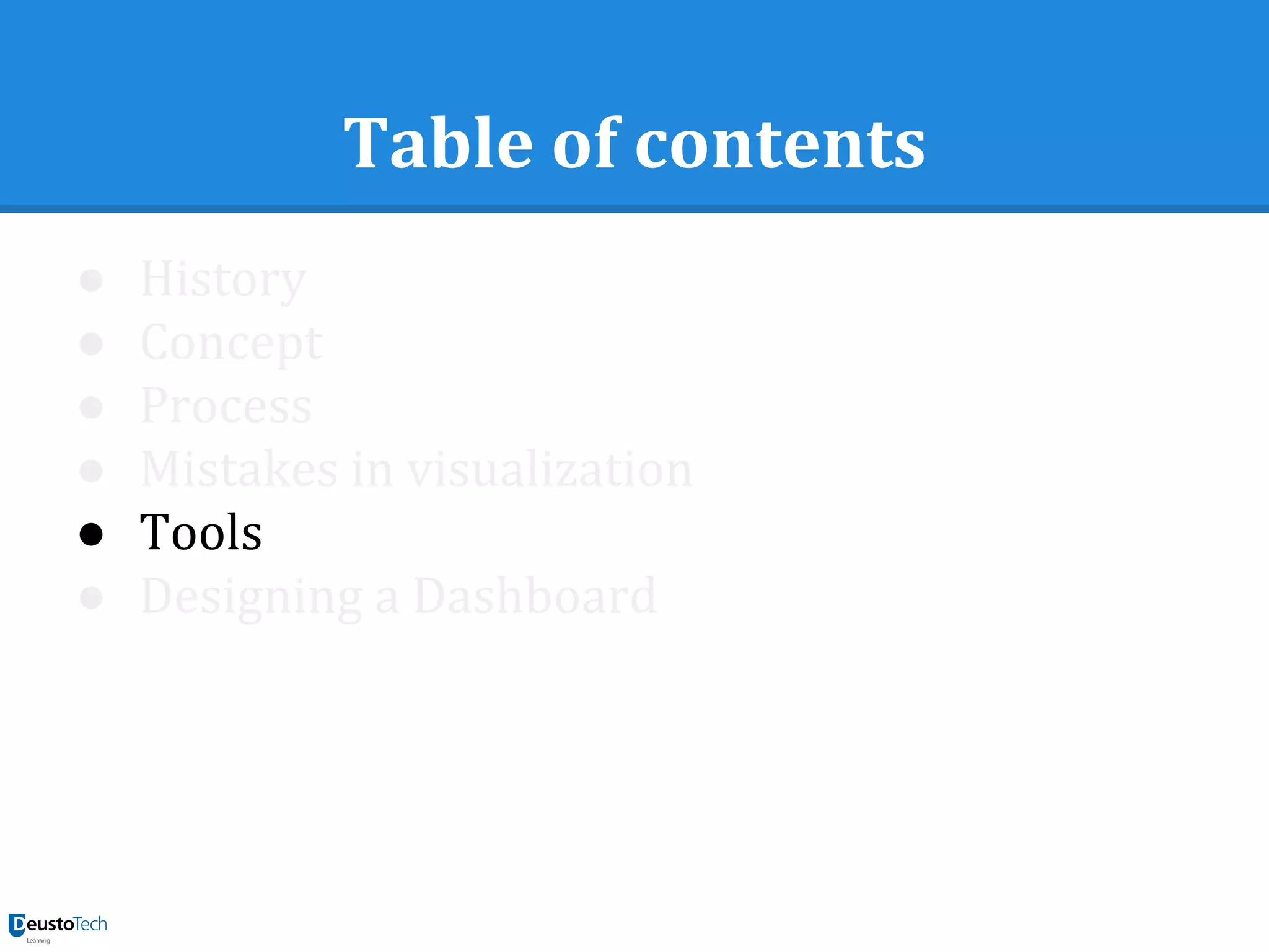 Table of contents
● History
● Concept
● Process
● Mistakes in visualization
● Tools
● Designing a Dashboard
 