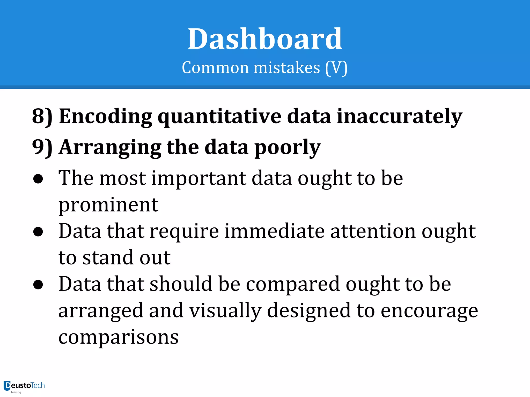 Dashboard
Common mistakes (V)
8) Encoding quantitative data inaccurately
9) Arranging the data poorly
● The most important data ought to be
prominent
● Data that require immediate attention ought
to stand out
● Data that should be compared ought to be
arranged and visually designed to encourage
comparisons
 