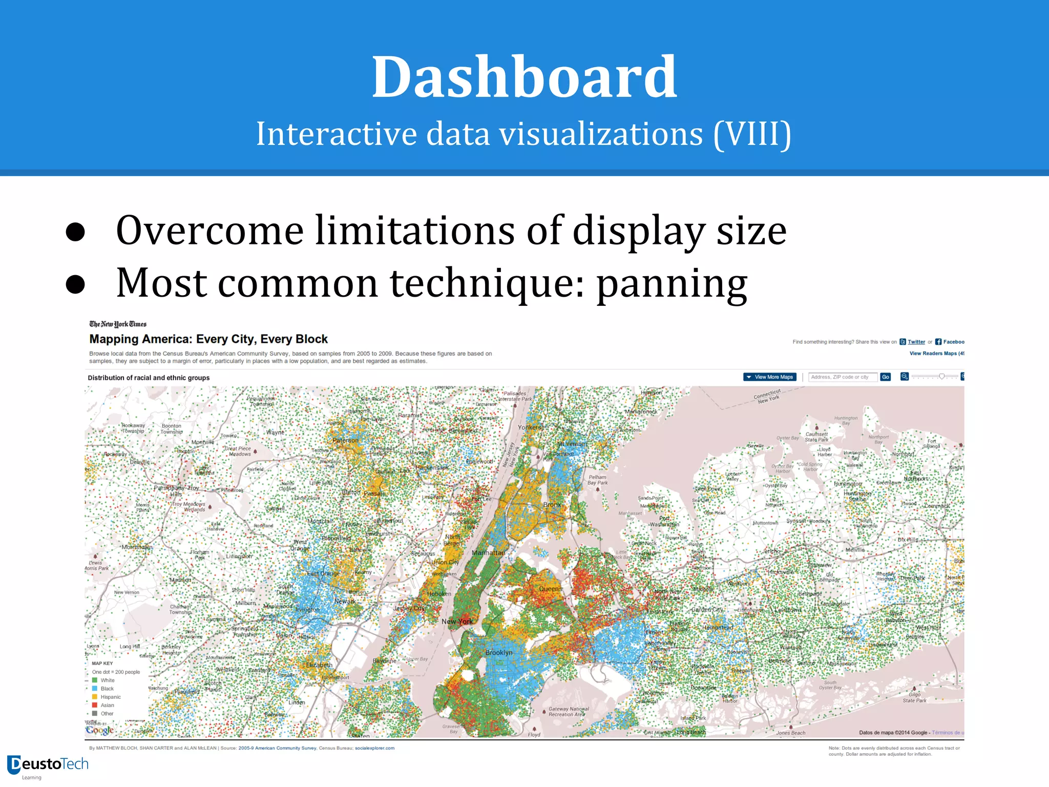 Dashboard
Interactive data visualizations (VIII)
● Overcome limitations of display size
● Most common technique: panning
 