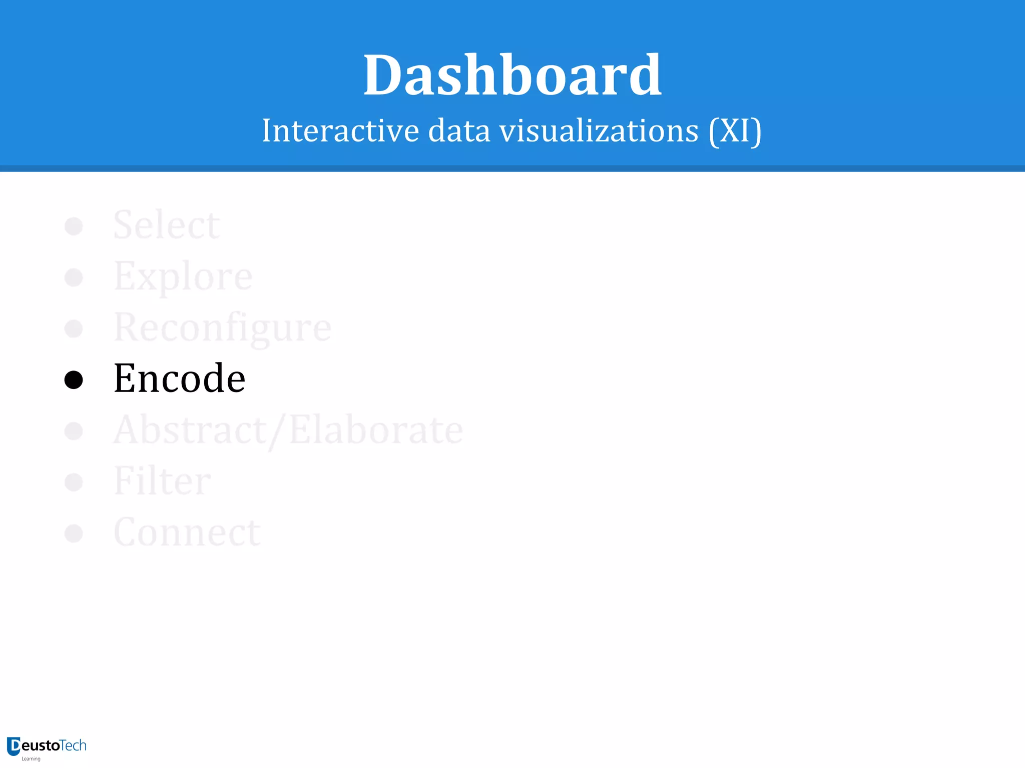 Dashboard
Interactive data visualizations (XI)
● Select
● Explore
● Reconfigure
● Encode
● Abstract/Elaborate
● Filter
● Connect
 