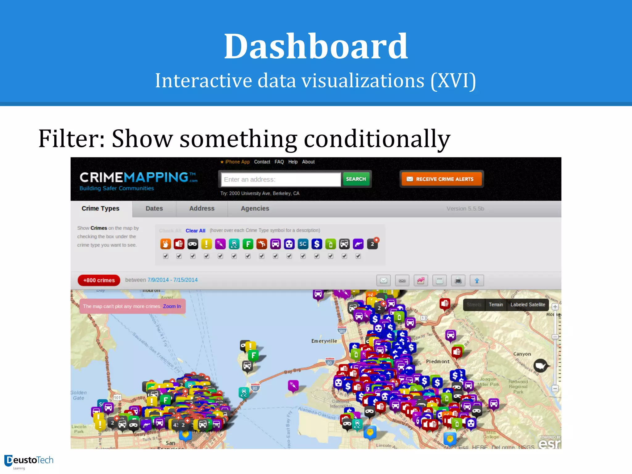 Dashboard
Interactive data visualizations (XVI)
Filter: Show something conditionally
 