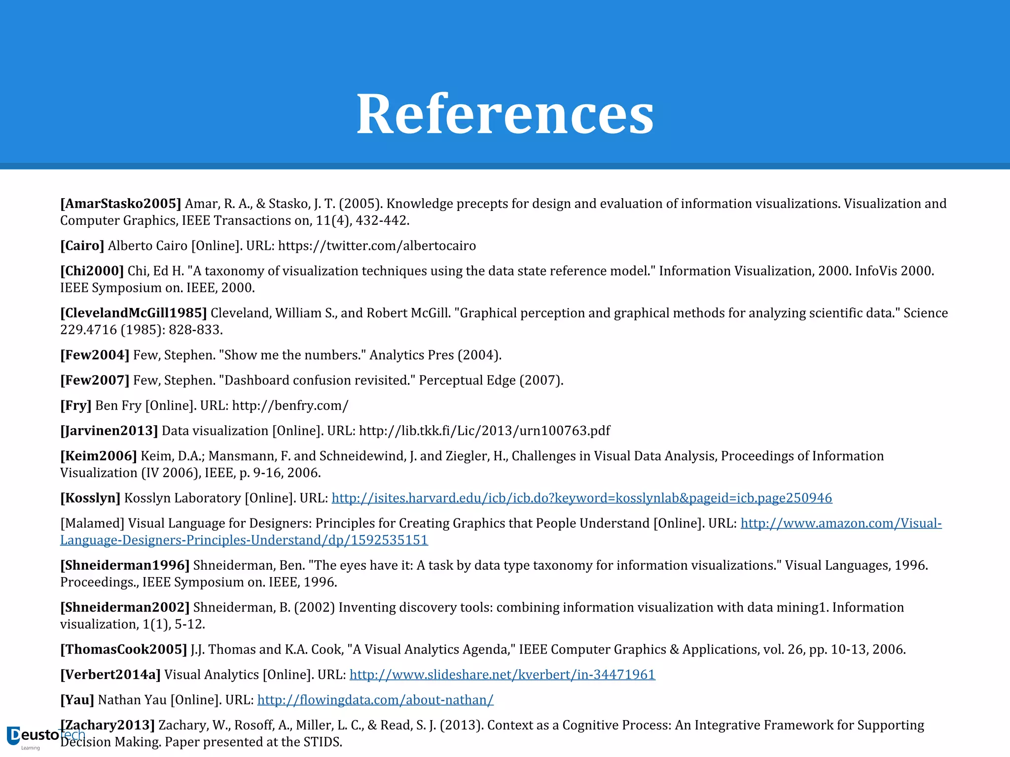 References
[AmarStasko2005] Amar, R. A., & Stasko, J. T. (2005). Knowledge precepts for design and evaluation of information visualizations. Visualization and
Computer Graphics, IEEE Transactions on, 11(4), 432-442.
[Cairo] Alberto Cairo [Online]. URL: https://twitter.com/albertocairo
[Chi2000] Chi, Ed H. "A taxonomy of visualization techniques using the data state reference model." Information Visualization, 2000. InfoVis 2000.
IEEE Symposium on. IEEE, 2000.
[ClevelandMcGill1985] Cleveland, William S., and Robert McGill. "Graphical perception and graphical methods for analyzing scientific data." Science
229.4716 (1985): 828-833.
[Few2004] Few, Stephen. "Show me the numbers." Analytics Pres (2004).
[Few2007] Few, Stephen. "Dashboard confusion revisited." Perceptual Edge (2007).
[Fry] Ben Fry [Online]. URL: http://benfry.com/
[Jarvinen2013] Data visualization [Online]. URL: http://lib.tkk.fi/Lic/2013/urn100763.pdf
[Keim2006] Keim, D.A.; Mansmann, F. and Schneidewind, J. and Ziegler, H., Challenges in Visual Data Analysis, Proceedings of Information
Visualization (IV 2006), IEEE, p. 9-16, 2006.
[Kosslyn] Kosslyn Laboratory [Online]. URL: http://isites.harvard.edu/icb/icb.do?keyword=kosslynlab&pageid=icb.page250946
[Malamed] Visual Language for Designers: Principles for Creating Graphics that People Understand [Online]. URL: http://www.amazon.com/Visual-
Language-Designers-Principles-Understand/dp/1592535151
[Shneiderman1996] Shneiderman, Ben. "The eyes have it: A task by data type taxonomy for information visualizations." Visual Languages, 1996.
Proceedings., IEEE Symposium on. IEEE, 1996.
[Shneiderman2002] Shneiderman, B. (2002) Inventing discovery tools: combining information visualization with data mining1. Information
visualization, 1(1), 5-12.
[ThomasCook2005] J.J. Thomas and K.A. Cook, "A Visual Analytics Agenda," IEEE Computer Graphics & Applications, vol. 26, pp. 10-13, 2006.
[Verbert2014a] Visual Analytics [Online]. URL: http://www.slideshare.net/kverbert/in-34471961
[Yau] Nathan Yau [Online]. URL: http://flowingdata.com/about-nathan/
[Zachary2013] Zachary, W., Rosoff, A., Miller, L. C., & Read, S. J. (2013). Context as a Cognitive Process: An Integrative Framework for Supporting
Decision Making. Paper presented at the STIDS.
 