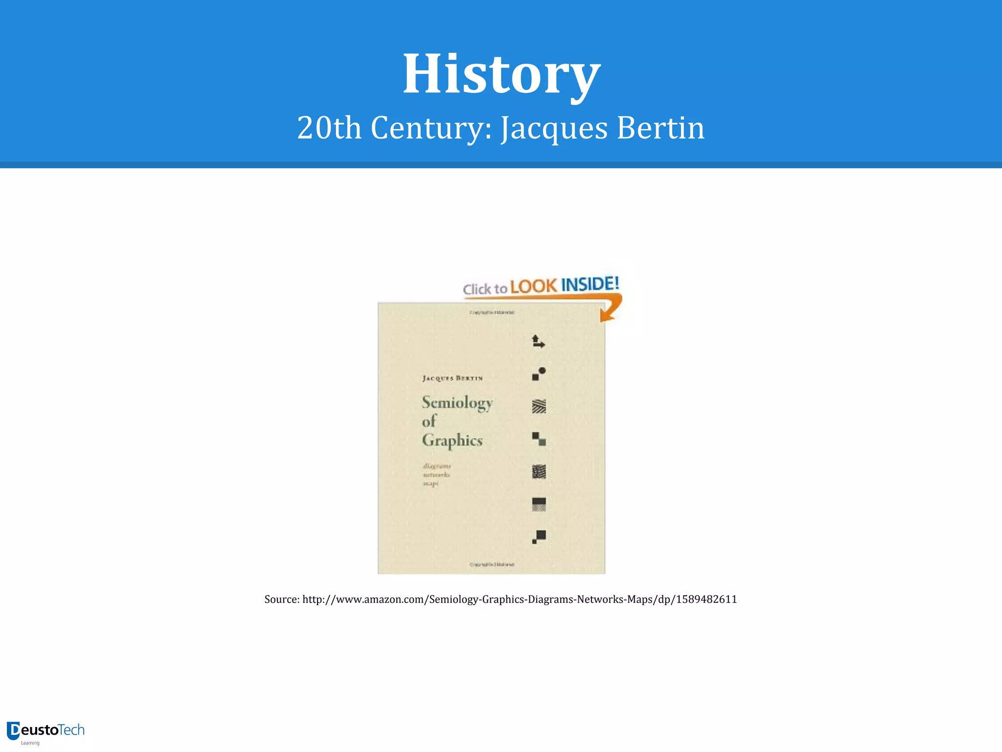 History
20th Century: Jacques Bertin
Source: http://www.amazon.com/Semiology-Graphics-Diagrams-Networks-Maps/dp/1589482611
 