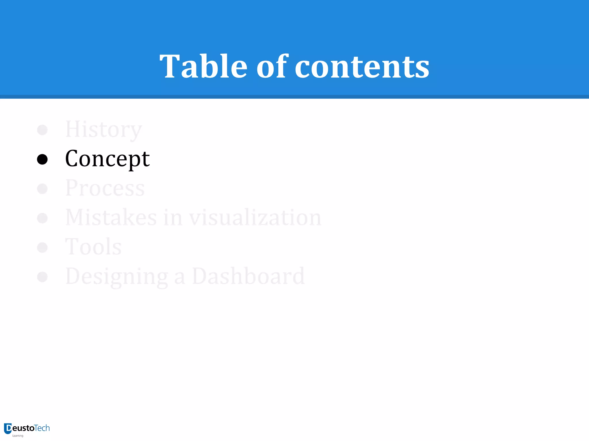 Table of contents
● History
● Concept
● Process
● Mistakes in visualization
● Tools
● Designing a Dashboard
 