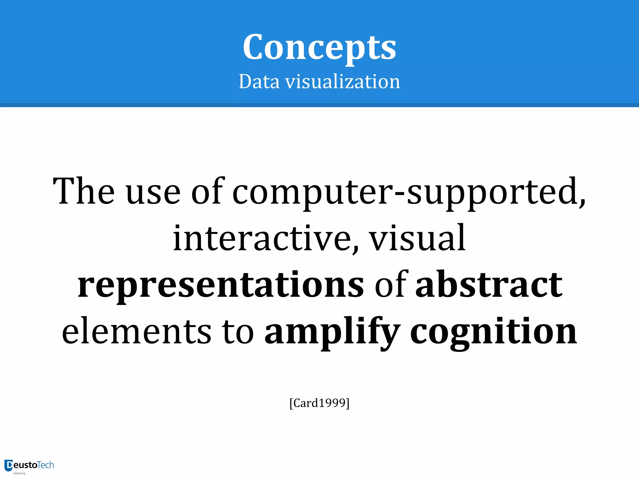 Concepts
Data visualization
The use of computer-supported,
interactive, visual
representations of abstract
elements to amplify cognition
[Card1999]
 