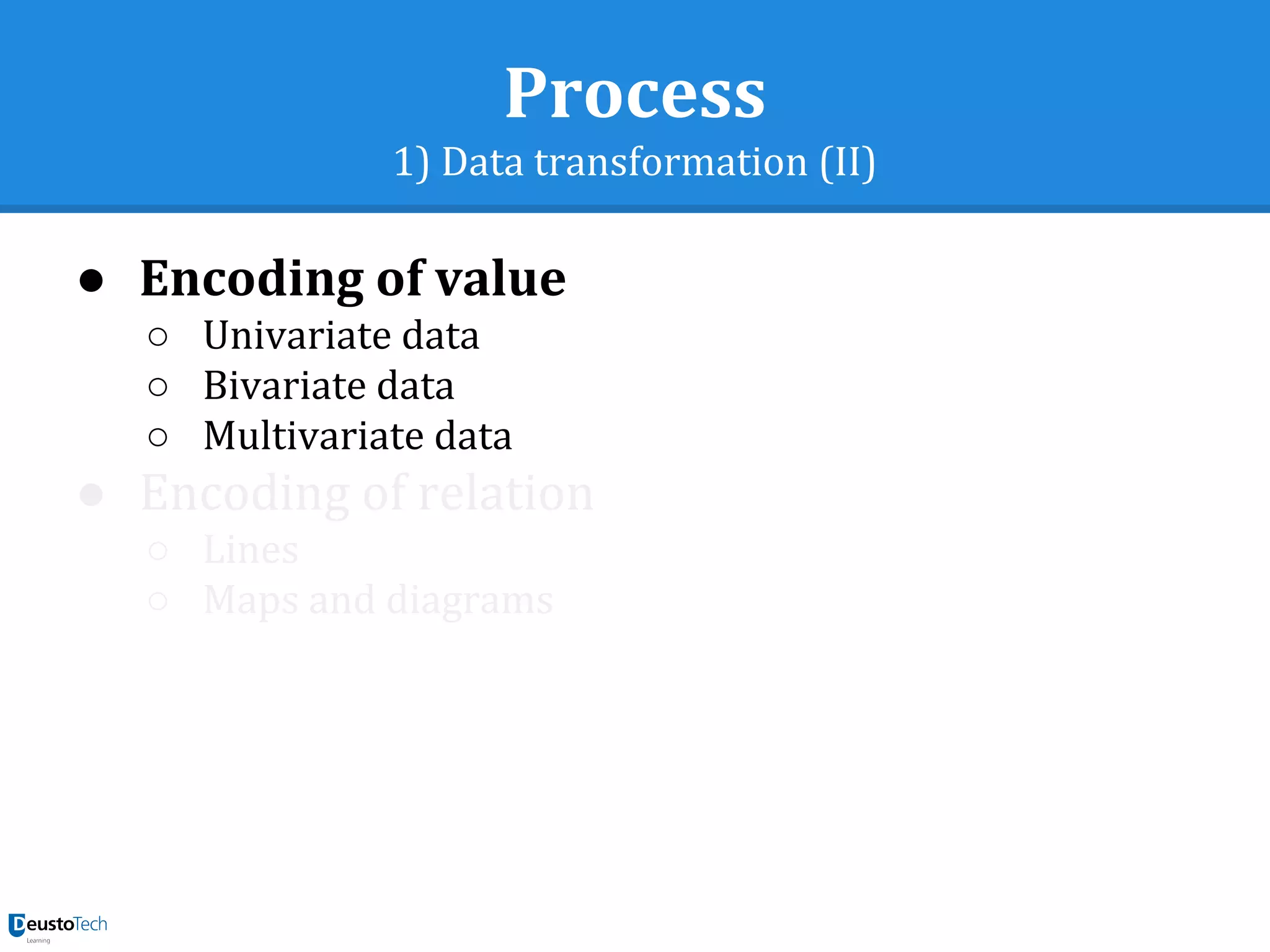 Process
1) Data transformation (II)
● Encoding of value
○ Univariate data
○ Bivariate data
○ Multivariate data
● Encoding of relation
○ Lines
○ Maps and diagrams
 