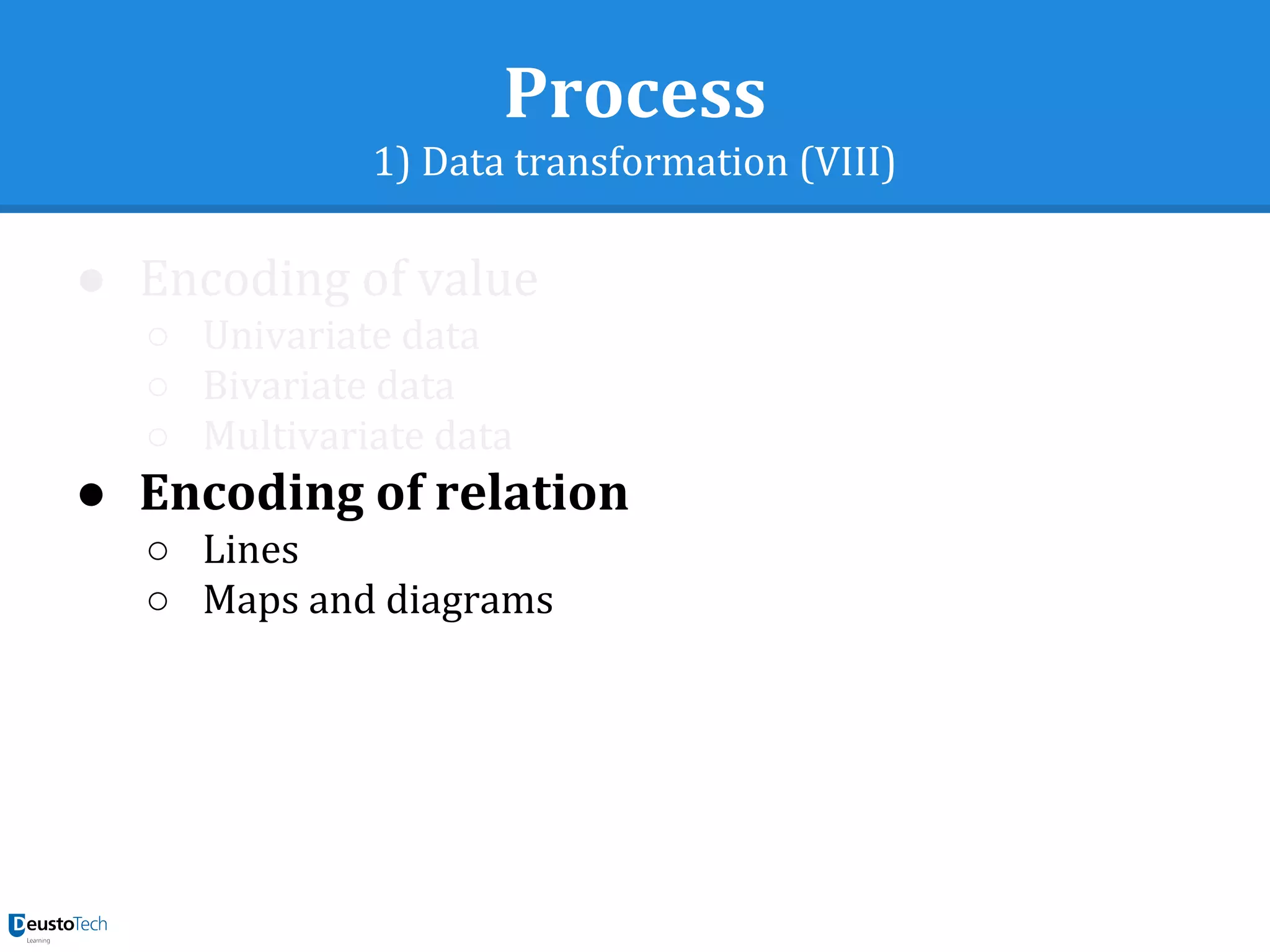 Process
1) Data transformation (VIII)
● Encoding of value
○ Univariate data
○ Bivariate data
○ Multivariate data
● Encoding of relation
○ Lines
○ Maps and diagrams
 