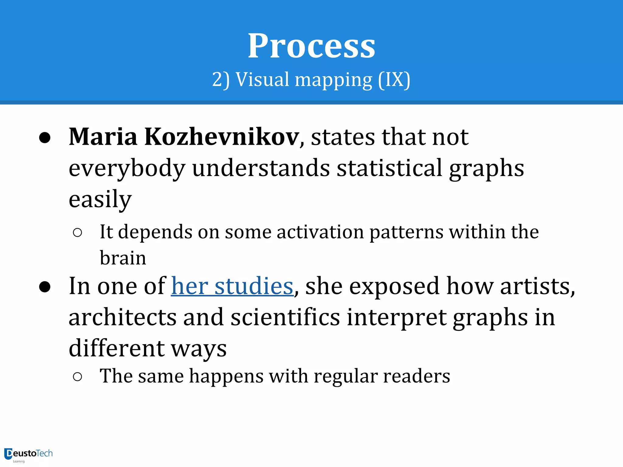 Process
2) Visual mapping (IX)
● Maria Kozhevnikov, states that not
everybody understands statistical graphs
easily
○ It depends on some activation patterns within the
brain
● In one of her studies, she exposed how artists,
architects and scientifics interpret graphs in
different ways
○ The same happens with regular readers
 