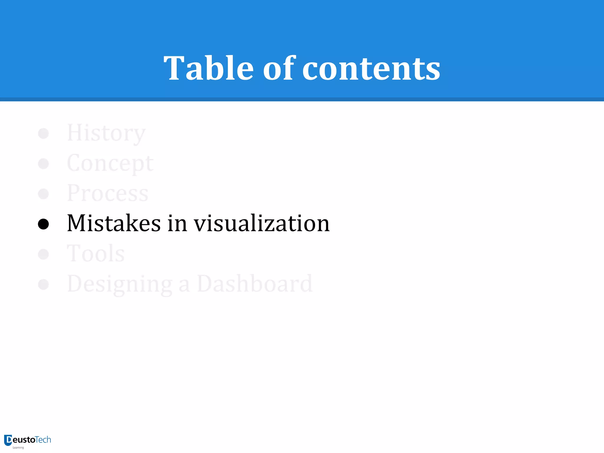 Table of contents
● History
● Concept
● Process
● Mistakes in visualization
● Tools
● Designing a Dashboard
 