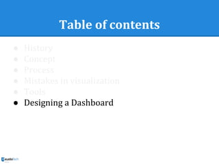 Table of contents
● History
● Concept
● Process
● Mistakes in visualization
● Tools
● Designing a Dashboard
 