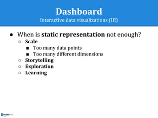 Dashboard
Interactive data visualizations (III)
● When is static representation not enough?
○ Scale
■ Too many data points
■ Too many different dimensions
○ Storytelling
○ Exploration
○ Learning
 
