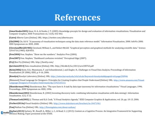 References
[AmarStasko2005] Amar, R. A., & Stasko, J. T. (2005). Knowledge precepts for design and evaluation of information visualizations. Visualization and
Computer Graphics, IEEE Transactions on, 11(4), 432-442.
[Cairo] Alberto Cairo [Online]. URL: https://twitter.com/albertocairo
[Chi2000] Chi, Ed H. "A taxonomy of visualization techniques using the data state reference model." Information Visualization, 2000. InfoVis 2000.
IEEE Symposium on. IEEE, 2000.
[ClevelandMcGill1985] Cleveland, William S., and Robert McGill. "Graphical perception and graphical methods for analyzing scientific data." Science
229.4716 (1985): 828-833.
[Few2004] Few, Stephen. "Show me the numbers." Analytics Pres (2004).
[Few2007] Few, Stephen. "Dashboard confusion revisited." Perceptual Edge (2007).
[Fry] Ben Fry [Online]. URL: http://benfry.com/
[Jarvinen2013] Data visualization [Online]. URL: http://lib.tkk.fi/Lic/2013/urn100763.pdf
[Keim2006] Keim, D.A.; Mansmann, F. and Schneidewind, J. and Ziegler, H., Challenges in Visual Data Analysis, Proceedings of Information
Visualization (IV 2006), IEEE, p. 9-16, 2006.
[Kosslyn] Kosslyn Laboratory [Online]. URL: http://isites.harvard.edu/icb/icb.do?keyword=kosslynlab&pageid=icb.page250946
[Malamed] Visual Language for Designers: Principles for Creating Graphics that People Understand [Online]. URL: http://www.amazon.com/Visual-
Language-Designers-Principles-Understand/dp/1592535151
[Shneiderman1996] Shneiderman, Ben. "The eyes have it: A task by data type taxonomy for information visualizations." Visual Languages, 1996.
Proceedings., IEEE Symposium on. IEEE, 1996.
[Shneiderman2002] Shneiderman, B. (2002) Inventing discovery tools: combining information visualization with data mining1. Information
visualization, 1(1), 5-12.
[ThomasCook2005] J.J. Thomas and K.A. Cook, "A Visual Analytics Agenda," IEEE Computer Graphics & Applications, vol. 26, pp. 10-13, 2006.
[Verbert2014a] Visual Analytics [Online]. URL: http://www.slideshare.net/kverbert/in-34471961
[Yau] Nathan Yau [Online]. URL: http://flowingdata.com/about-nathan/
[Zachary2013] Zachary, W., Rosoff, A., Miller, L. C., & Read, S. J. (2013). Context as a Cognitive Process: An Integrative Framework for Supporting
Decision Making. Paper presented at the STIDS.
 