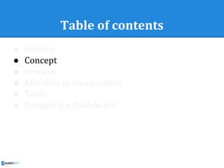 Table of contents
● History
● Concept
● Process
● Mistakes in visualization
● Tools
● Designing a Dashboard
 
