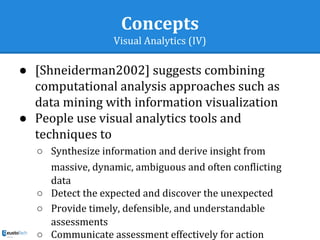 Concepts
Visual Analytics (IV)
● [Shneiderman2002] suggests combining
computational analysis approaches such as
data mining with information visualization
● People use visual analytics tools and
techniques to
○ Synthesize information and derive insight from
massive, dynamic, ambiguous and often conflicting
data
○ Detect the expected and discover the unexpected
○ Provide timely, defensible, and understandable
assessments
○ Communicate assessment effectively for action
 