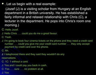  . Let us begin with a real example:. Let us begin with a real example:
(Jozef (J) is a visiting scholar from Hungary at an English(Jozef (J) is a visiting scholar from Hungary at an English
department in a British university. He has established adepartment in a British university. He has established a
fairly informal and relaxed relationship with Chris (C), afairly informal and relaxed relationship with Chris (C), a
lecturer in the department. He pops into Chris's room onelecturer in the department. He pops into Chris's room one
morning.)morning.)
CC: Hello Jozef.: Hello Jozef.
J: Hello Chris . . . could you do me a great favour.J: Hello Chris . . . could you do me a great favour.
C: Yeah.C: Yeah.
J: I'm going to book four cinema tickets on the phone and they need a credit cardJ: I'm going to book four cinema tickets on the phone and they need a credit card
number . . . could you give me your credit card number . . . they only acceptnumber . . . could you give me your credit card number . . . they only accept
payment by credit card over the phone.payment by credit card over the phone.
C: Ah.C: Ah.
JJ: I telephoned there and they said they wouldn't do any: I telephoned there and they said they wouldn't do any
reservationsreservations
C: 1C: 1 without a card.C: 1C: 1 without a card.
J: Yes and I could pay you back in cash.J: Yes and I could pay you back in cash.
C: Yes . . . sure . . . no problem at all.C: Yes . . . sure . . . no problem at all.
J: YesJ: Yes
 