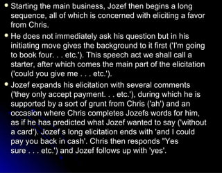  Starting the main business, Jozef then begins a longStarting the main business, Jozef then begins a long
sequence, all of which is concerned with eliciting a favorsequence, all of which is concerned with eliciting a favor
from Chris.from Chris.
 He does not immediately ask his question but in hisHe does not immediately ask his question but in his
initiating move gives the background to it first ('I'm goinginitiating move gives the background to it first ('I'm going
to book four. . . etc.'). This speech act we shall call ato book four. . . etc.'). This speech act we shall call a
starter, after which comes the main part of the elicitationstarter, after which comes the main part of the elicitation
('could you give me . . . etc.').('could you give me . . . etc.').
 Jozef expands his elicitation with several commentsJozef expands his elicitation with several comments
('they only accept payment. . . etc.'), during which he is('they only accept payment. . . etc.'), during which he is
supported by a sort of grunt from Chris ('ah') and ansupported by a sort of grunt from Chris ('ah') and an
occasion where Chris completes Jozefs words for him,occasion where Chris completes Jozefs words for him,
as if he has predicted what Jozef wanted to say ('withoutas if he has predicted what Jozef wanted to say ('without
a card'). Jozef s long elicitation ends with 'and I coulda card'). Jozef s long elicitation ends with 'and I could
pay you back in cash'. Chris then responds "Yespay you back in cash'. Chris then responds "Yes
sure . . . etc.') and Jozef follows up with 'yes'.sure . . . etc.') and Jozef follows up with 'yes'.
 