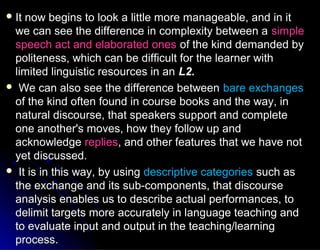  It now begins to look a little more manageable, and in itIt now begins to look a little more manageable, and in it
we can see the difference in complexity between awe can see the difference in complexity between a simplesimple
speech act and elaborated onesspeech act and elaborated ones of the kind demanded byof the kind demanded by
politeness, which can be difficult for the learner withpoliteness, which can be difficult for the learner with
limited linguistic resources in anlimited linguistic resources in an L2.L2.
 We can also see the difference betweenWe can also see the difference between bare exchangesbare exchanges
of the kind often found in course books and the way, inof the kind often found in course books and the way, in
natural discourse, that speakers support and completenatural discourse, that speakers support and complete
one another's moves, how they follow up andone another's moves, how they follow up and
acknowledgeacknowledge repliesreplies, and other features that we have not, and other features that we have not
yet discussed.yet discussed.
 It is in this way, by usingIt is in this way, by using descriptive categoriesdescriptive categories such assuch as
the exchange and its sub-components, that discoursethe exchange and its sub-components, that discourse
analysis enables us to describe actual performances, toanalysis enables us to describe actual performances, to
delimit targets more accurately in language teaching anddelimit targets more accurately in language teaching and
to evaluate input and output in the teaching/learningto evaluate input and output in the teaching/learning
process.process.
 