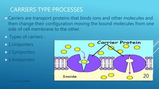 CARRIERS TYPE PROCESSES
Carriers are transport proteins that binds ions and other molecules and
then change their configuration moving the bound molecules from one
side of cell membrane to the other.
 Types of carriers :
1.Uniporters
2.Symporters
3.Antiporters
3/11/2018Y.Vamsi Krishna 17BCB0054
20
 