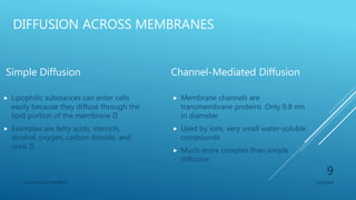 DIFFUSION ACROSS MEMBRANES
Simple Diffusion
 Lipophilic substances can enter cells
easily because they diffuse through the
lipid portion of the membrane
 Examples are fatty acids, steroids,
alcohol, oxygen, carbon dioxide, and
urea,
Channel-Mediated Diffusion
 Membrane channels are
transmembrane proteins .Only 0.8 nm
in diameter
 Used by ions, very small water-soluble
compounds
 Much more complex than simple
diffusion
3/11/2018Y.Vamsi Krishna 17BCB0054
9
 
