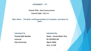 ASSIGNMENT – ’01’
Course Title : Data Communication
Course Code : CSE-313
Topic Name : The Basic working procedure of computer, and about its
parts.
Submitted To Submitted By
Pranob Nath Bandhu Name : Jinnat Naher Hira
Lecturer ID:1834902148
City University Batch:49(B)
B.Sc. In CSE
 