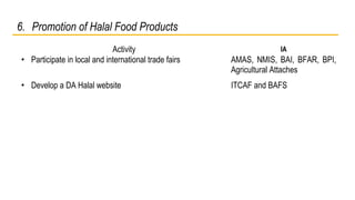 6. Promotion of Halal Food Products 
Activity IA 
• Participate in local and international trade fairs AMAS, NMIS, BAI, BFAR, BPI, 
Agricultural Attaches 
• Develop a DA Halal website ITCAF and BAFS 
 