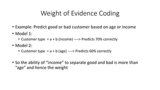 Weight of Evidence Coding
• Example: Predict good or bad customer based on age or income
• Model 1:
• Customer type = a + b (income) ----> Predicts 70% correctly
• Model 2:
• Customer type = a + b (age) ----> Predicts 60% correctly
• So the ability of “income” to separate good and bad is more than
“age” and hence the weight
 