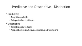 Predictive and Descriptive - Distinction
• Predictive
• Target is available
• Categorical or continues
• Descriptive
• Target is not available
• Association rules, Sequence rules, and Clustering
 
