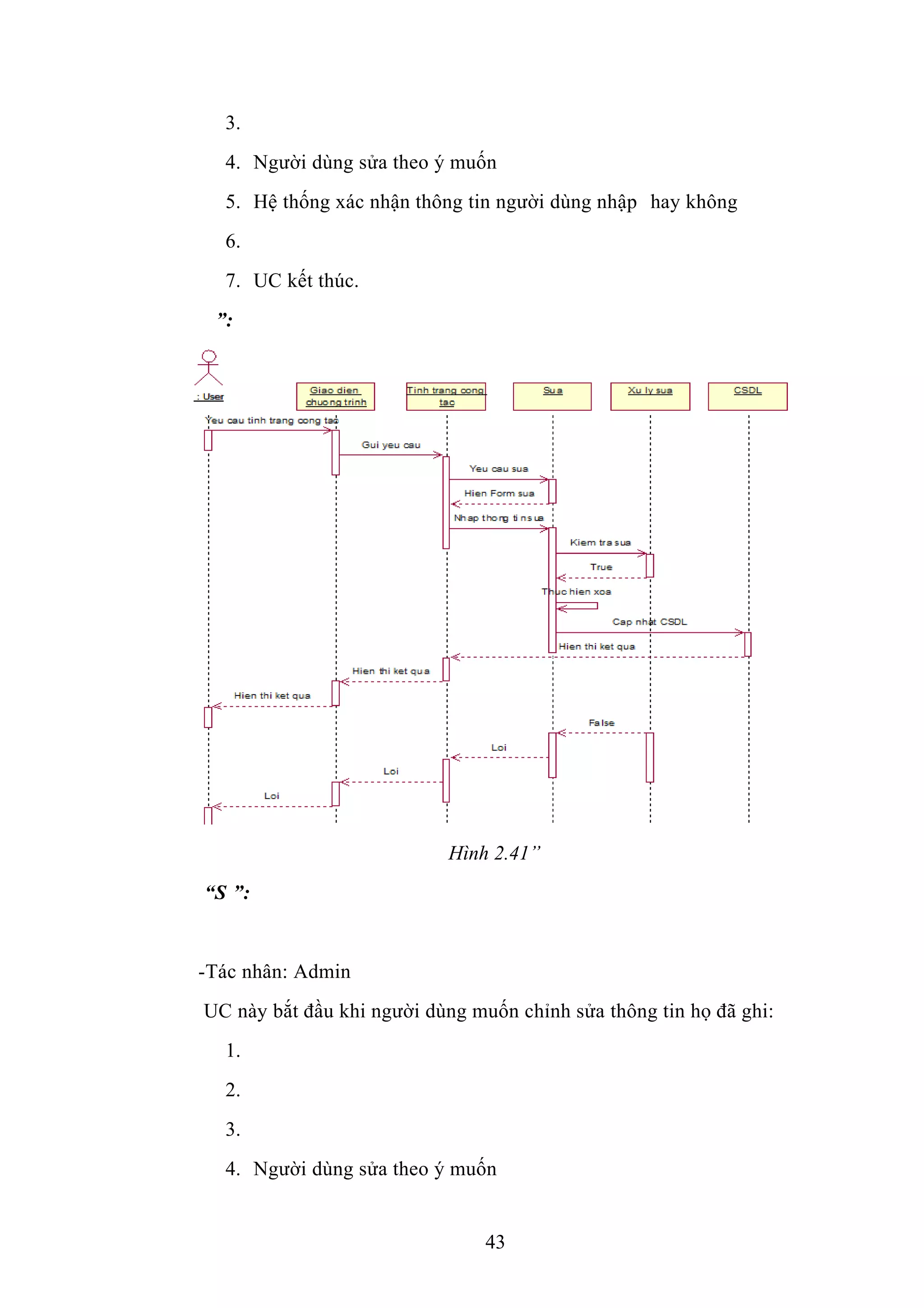 3.
4. Người dùng sửa theo ý muốn
5. Hệ thống xác nhận thông tin người dùng nhập hay không
6.
7. UC kết thúc.
”:
Hình 2.41”
“S ”:
-Tác nhân: Admin
UC này bắt đầu khi người dùng muốn chỉnh sửa thông tin họ đã ghi:
1.
2.
3.
4. Người dùng sửa theo ý muốn
43
 