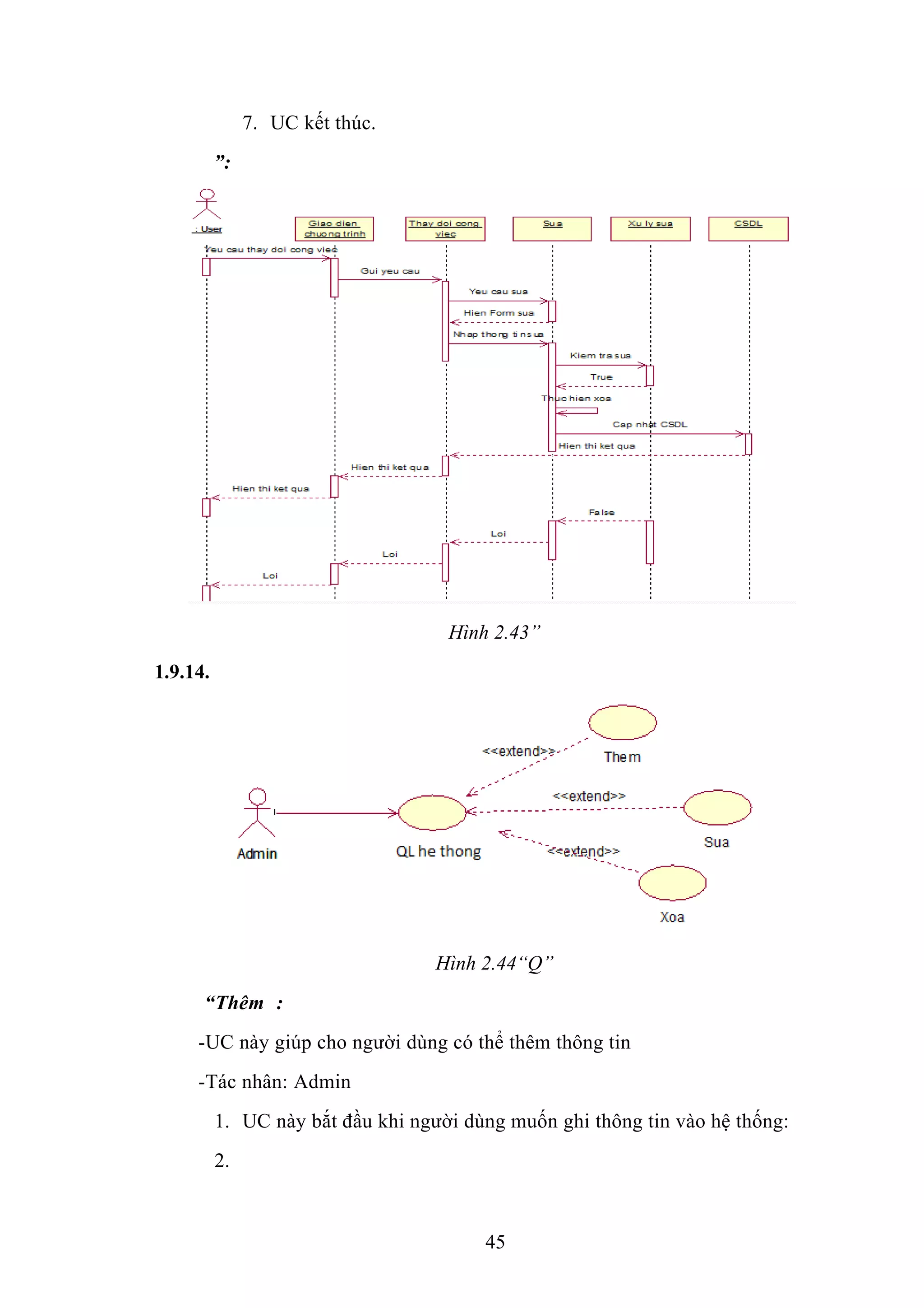 7. UC kết thúc.
”:
Hình 2.43”
1.9.14.
Hình 2.44“Q”
“Thêm :
-UC này giúp cho người dùng có thể thêm thông tin
-Tác nhân: Admin
1. UC này bắt đầu khi người dùng muốn ghi thông tin vào hệ thống:
2.
45
 