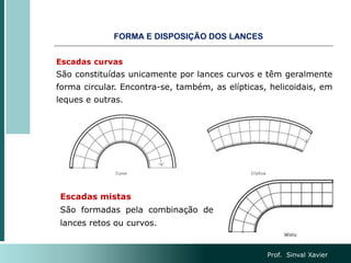 Escadas curvas
São constituídas unicamente por lances curvos e têm geralmente
forma circular. Encontra-se, também, as elípticas, helicoidais, em
leques e outras.
Escadas mistas
São formadas pela combinação de
lances retos ou curvos.
FORMA E DISPOSIÇÃO DOS LANCES
Prof. Sinval Xavier
 