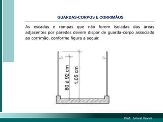 As escadas e rampas que não forem isoladas das áreas
adjacentes por paredes devem dispor de guarda-corpo associado
ao corrimão, conforme figura a seguir.
GUARDAS-CORPOS E CORRIMÃOS
Prof. Sinval Xavier
 