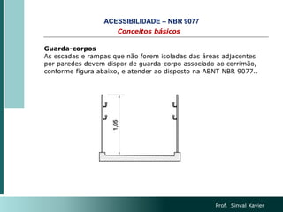 Prof. Sinval Xavier
Conceitos básicos
ACESSIBILIDADE – NBR 9077
Guarda-corpos
As escadas e rampas que não forem isoladas das áreas adjacentes
por paredes devem dispor de guarda-corpo associado ao corrimão,
conforme figura abaixo, e atender ao disposto na ABNT NBR 9077..
 