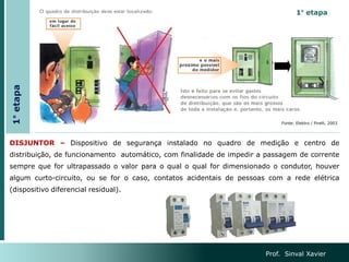 Prof. Sinval Xavier
DISJUNTOR – Dispositivo de segurança instalado no quadro de medição e centro de
distribuição, de funcionamento automático, com finalidade de impedir a passagem de corrente
sempre que for ultrapassado o valor para o qual o qual for dimensionado o condutor, houver
algum curto-circuito, ou se for o caso, contatos acidentais de pessoas com a rede elétrica
(dispositivo diferencial residual).
1° etapa
Fonte: Elektro / Pirelli, 2003
1°
etapa
 