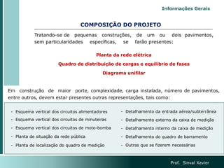 COMPOSIÇÃO DO PROJETO
Tratando-se de pequenas construções, de um ou dois pavimentos,
sem particularidades específicas, se farão presentes:
Planta da rede elétrica
Quadro de distribuição de cargas e equilíbrio de fases
Diagrama unifilar
Prof. Sinval Xavier
- Esquema vertical dos circuitos alimentadores
- Esquema vertical dos circuitos de minuteiras
- Esquema vertical dos circuitos de moto-bomba
- Planta de situação da rede pública
- Planta de localização do quadro de medição
- Detalhamento da entrada aérea/subterrânea
- Detalhamento externo da caixa de medição
- Detalhamento interno da caixa de medição
- Detalhamento do quadro de barramento
- Outras que se fizerem necessárias
Em construção de maior porte, complexidade, carga instalada, número de pavimentos,
entre outros, devem estar presentes outras representações, tais como:
Informações Gerais
 