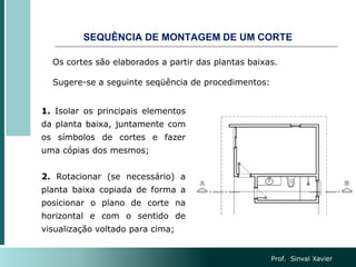 SEQUÊNCIA DE MONTAGEM DE UM CORTE
Os cortes são elaborados a partir das plantas baixas.
Sugere-se a seguinte seqüência de procedimentos:
1. Isolar os principais elementos
da planta baixa, juntamente com
os símbolos de cortes e fazer
uma cópias dos mesmos;
2. Rotacionar (se necessário) a
planta baixa copiada de forma a
posicionar o plano de corte na
horizontal e com o sentido de
visualização voltado para cima;
Prof. Sinval Xavier
 