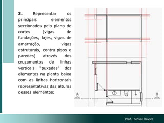3. Representar os
principais elementos
seccionados pelo plano de
cortes (vigas de
fundações, lajes, vigas de
amarração, vigas
estruturais, contra-pisos e
paredes) através dos
cruzamentos de linhas
verticais “puxadas” dos
elementos na planta baixa
com as linhas horizontais
representativas das alturas
desses elementos;
Prof. Sinval Xavier
 