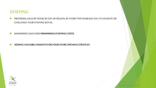PRIVATE & CONFIDENTIALZIZO® 2015
STAFFING
 PROVIDINGSALESBY HOUR,BY DAY,BY REGION,BY STORETYPEENABLINGYOUTOVALIDATEOR
CHALLENGEYOURSTAFFING ROTAS.
 MAXIMISING SALESANDMINIMISINGSTAFFINGCOSTS.
 ADDINGVALUABLEINSIGHTSFORYOUR STOREOPENINGSTRATEGY.
 