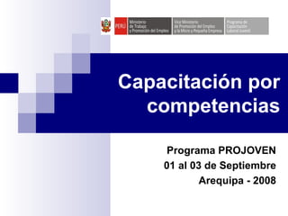 Capacitación por
competencias
Programa PROJOVEN
01 al 03 de Septiembre
Arequipa - 2008
 