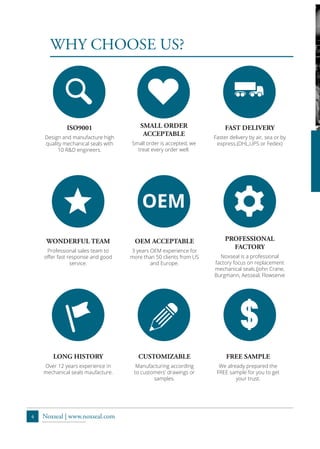 4 Noxseal | www.noxseal.com
WONDERFUL TEAM
Professional sales team to
offer fast response and good
service.
ISO9001
Design and manufacture high
quality mechanical seals with
10 R&D engineers.
SMALL ORDER
ACCEPTABLE
Small order is accepted, we
treat every order well.
FAST DELIVERY
Faster delivery by air, sea or by
express.(DHL,UPS or Fedex)
LONG HISTORY
Over 12 years experience in
mechanical seals maufacture.
OEM ACCEPTABLE
3 years OEM experience for
more than 50 clients from US
and Europe.
CUSTOMIZABLE
Manufacturing according
to customers’ drawings or
samples.
PROFESSIONAL
FACTORY
Noxseal is a professional
factory focus on replacement
mechanical seals.(John Crane,
Burgmann, Aesseal, Flowserve
FREE SAMPLE
We already prepared the
FREE sample for you to get
your trust.
e
 c K
j
OEM
a
W
$
WHY CHOOSE US?
 