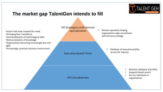 The market gap TalentGen intends to fill
• Maintain database of profiles
• Keyword based search
• Run by individuals or
organizations
• Database of executive profiles
across the industry
• Domain specialists helping
organizations align recruitment
with the busy strategy
Factors that have created this need,
•Emerging Gen Y workforce
•Commoditization of technological skills
•Democratization of knowledge
•Organizations becoming increasingly lean and
agile
•Increasingly uncertain business environment
 