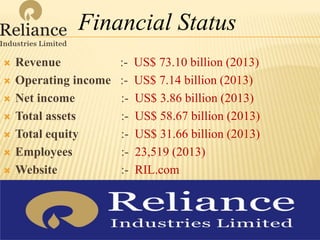  Revenue :- US$ 73.10 billion (2013)
 Operating income :- US$ 7.14 billion (2013)
 Net income :- US$ 3.86 billion (2013)
 Total assets :- US$ 58.67 billion (2013)
 Total equity :- US$ 31.66 billion (2013)
 Employees :- 23,519 (2013)
 Website :- RIL.com
Financial Status
 