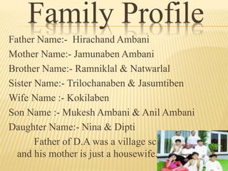 Family Profile
Father Name:- Hirachand Ambani
Mother Name:- Jamunaben Ambani
Brother Name:- Ramniklal & Natwarlal
Sister Name:- Trilochanaben & Jasumtiben
Wife Name :- Kokilaben
Son Name :- Mukesh Ambani & Anil Ambani
Daughter Name:- Nina & Dipti
Father of D.A was a village school teacher
and his mother is just a housewife.
 