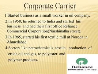 Corporate Carrier
1.Started business as a small worker in oil company.
2.In 1958, he returned to India and started his
business and had their first office Reliance
Commercial Corporation(Narshinatha street).
3.In 1965, started his first textile mill at Noroda in
Ahmedabad.
4.Sectors like petrochemicals, textile, production of
crude oil and gas, to polyester and
polymer products.
 